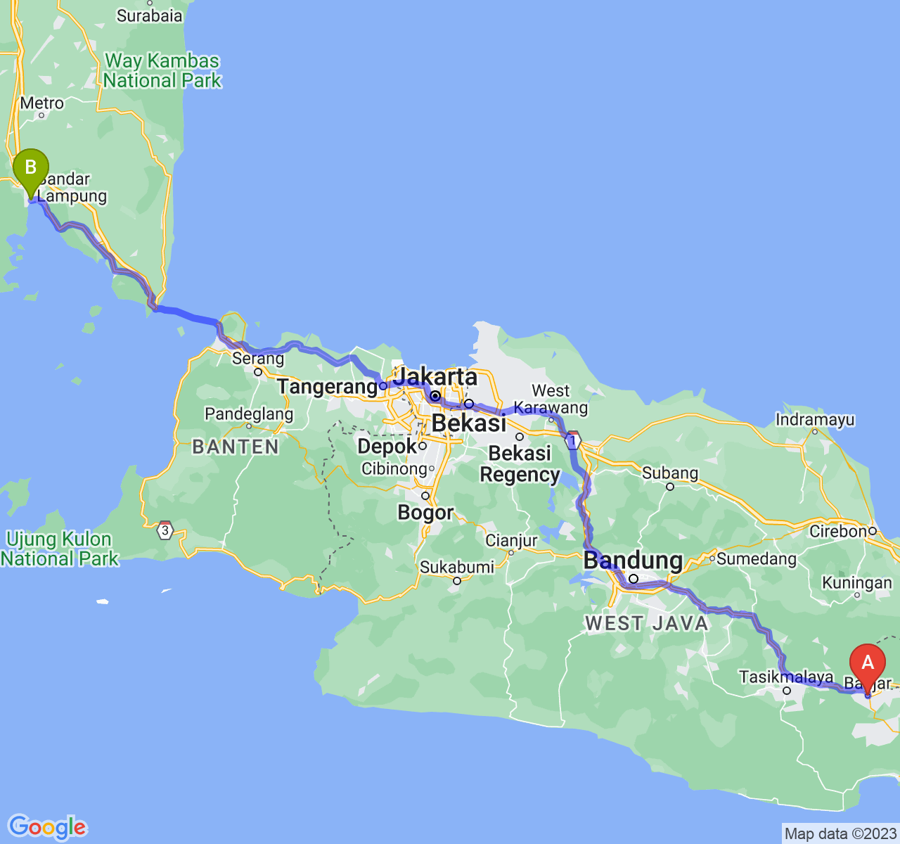 rute perjalanan Kota Banjar-Kota Bandar Lampung