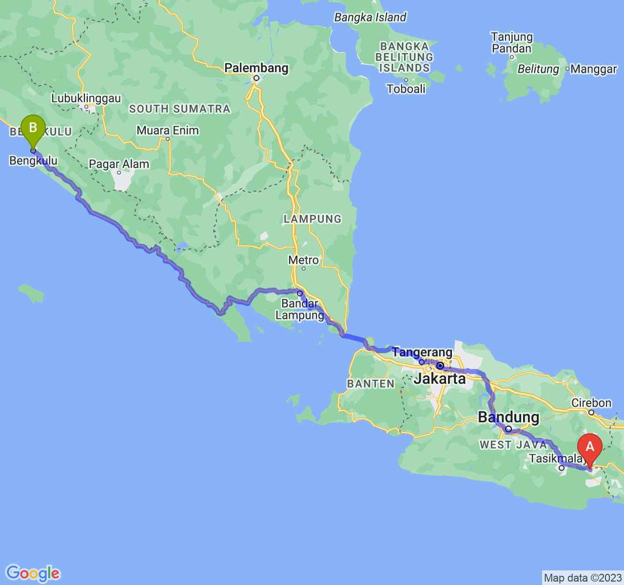 rute perjalanan Kota Banjar-Kota Bengkulu