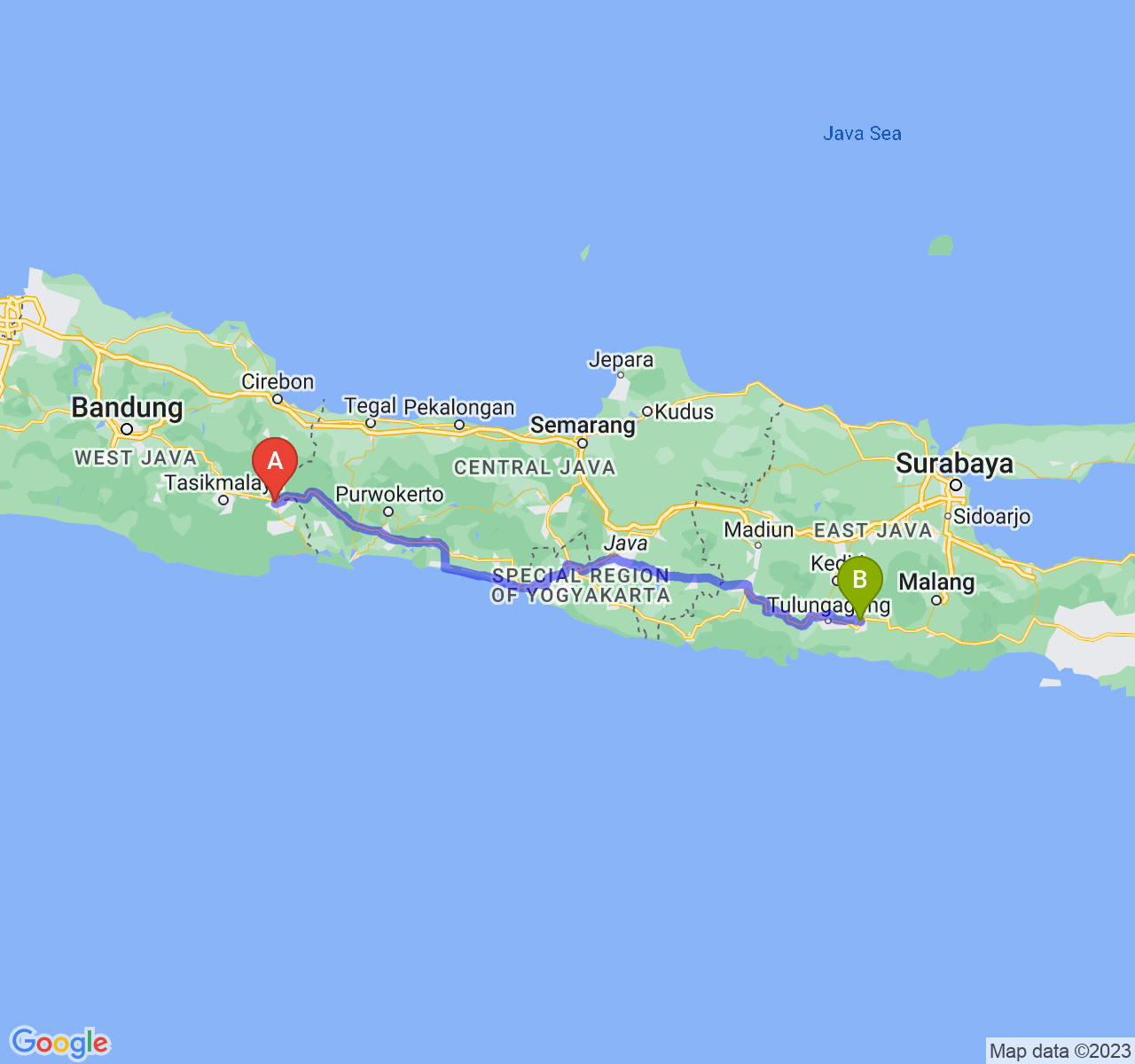 rute perjalanan Kota Banjar-Kota Blitar