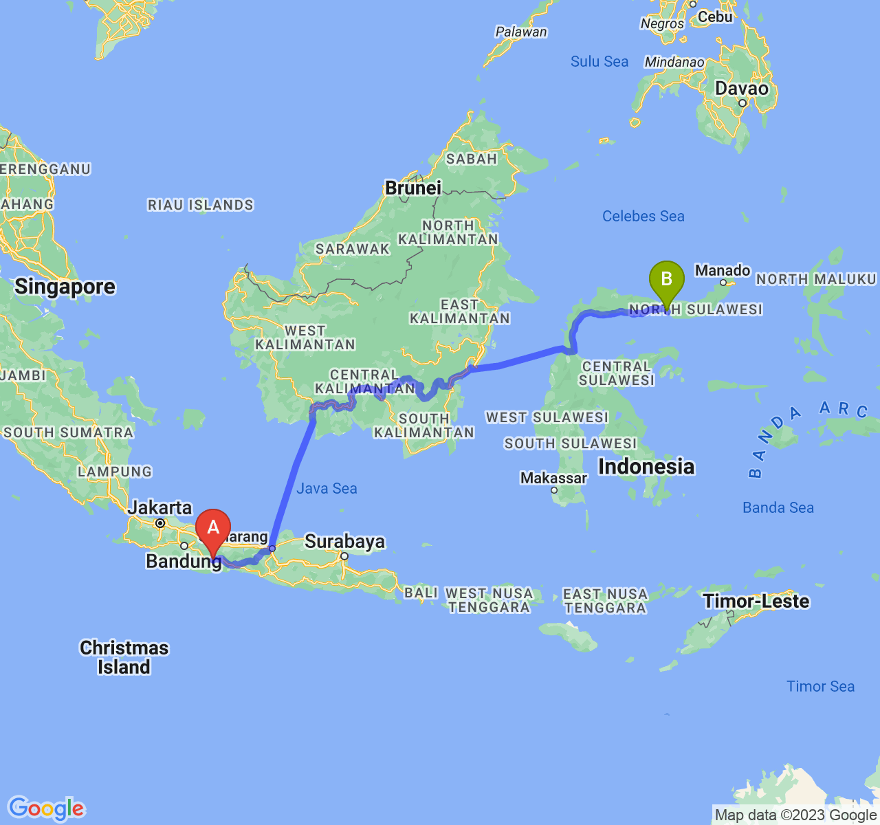 rute perjalanan Kota Banjar-Kota Gorontalo