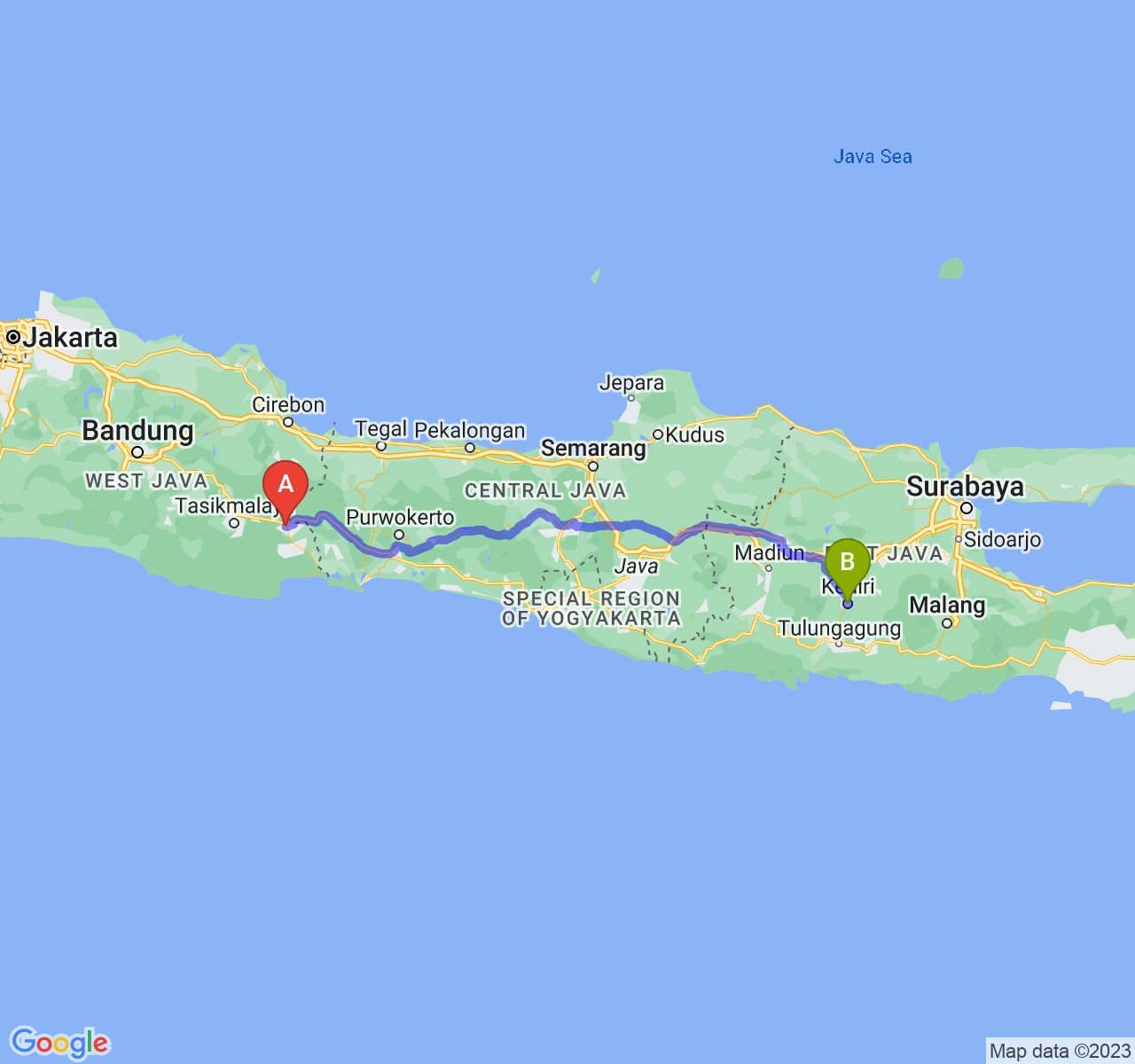 rute perjalanan Kota Banjar-Kota Kediri