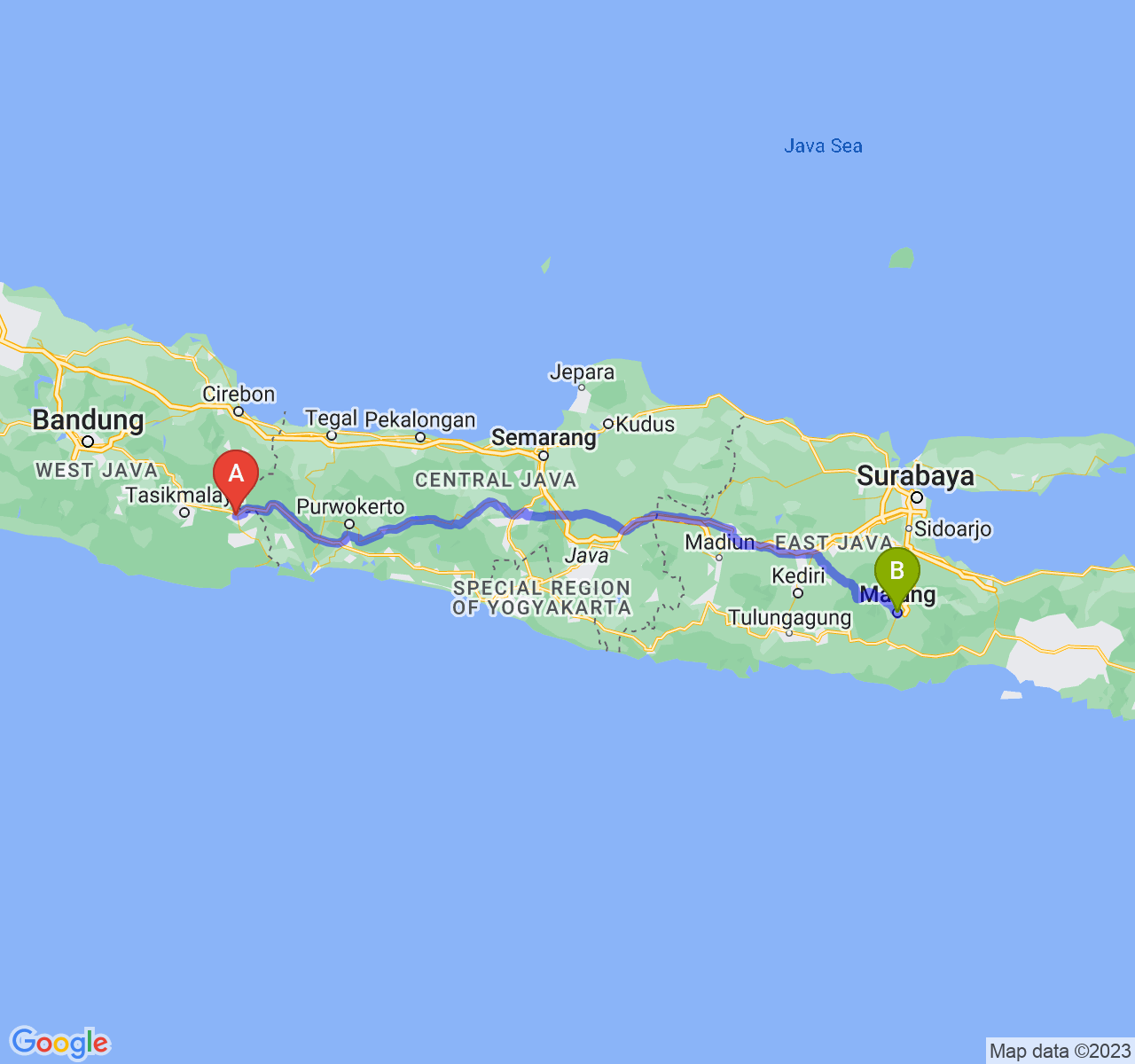 rute perjalanan Kota Banjar-Kota Malang