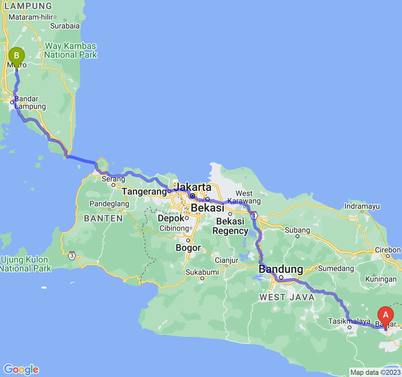 rute perjalanan Kota Banjar-Kota Metro