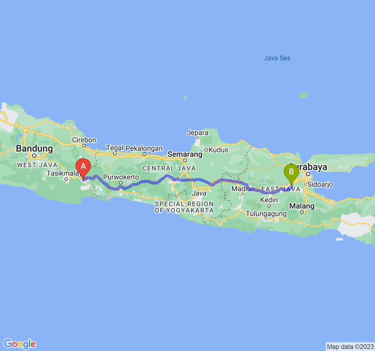 rute perjalanan Kota Banjar-Kota Mojokerto