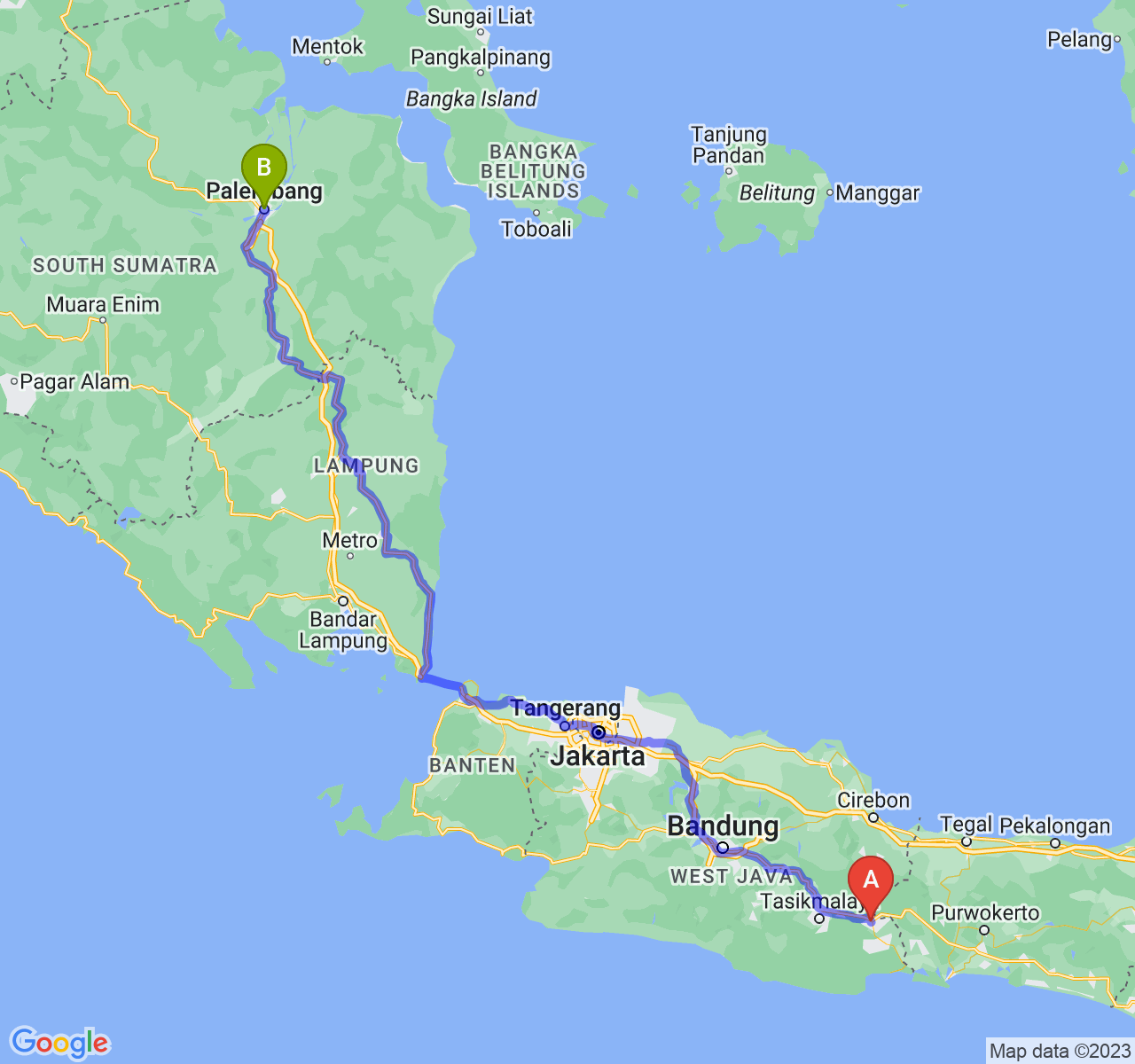 rute perjalanan Kota Banjar-Kota Palembang