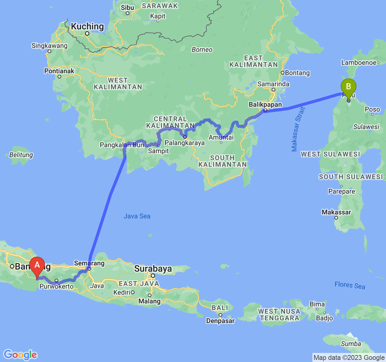 rute perjalanan Kota Banjar-Kota Palu