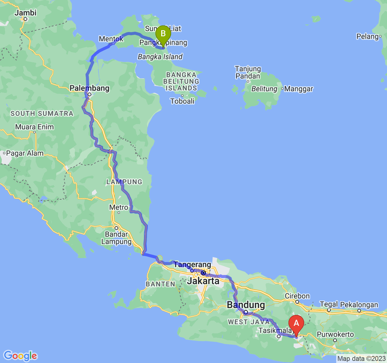 rute perjalanan Kota Banjar-Kota Pangkalpinang