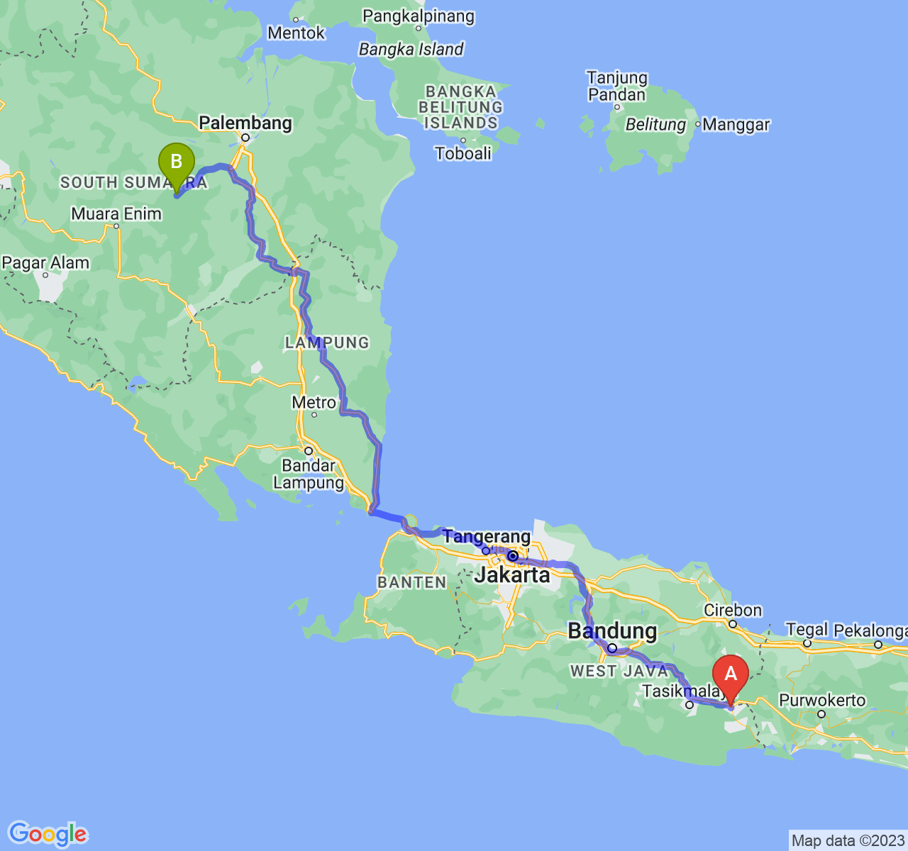 rute perjalanan Kota Banjar-Kota Prabumulih