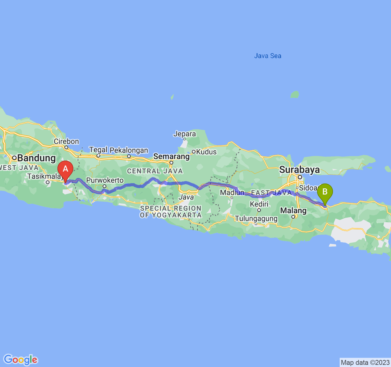 rute perjalanan Kota Banjar-Kota Probolinggo