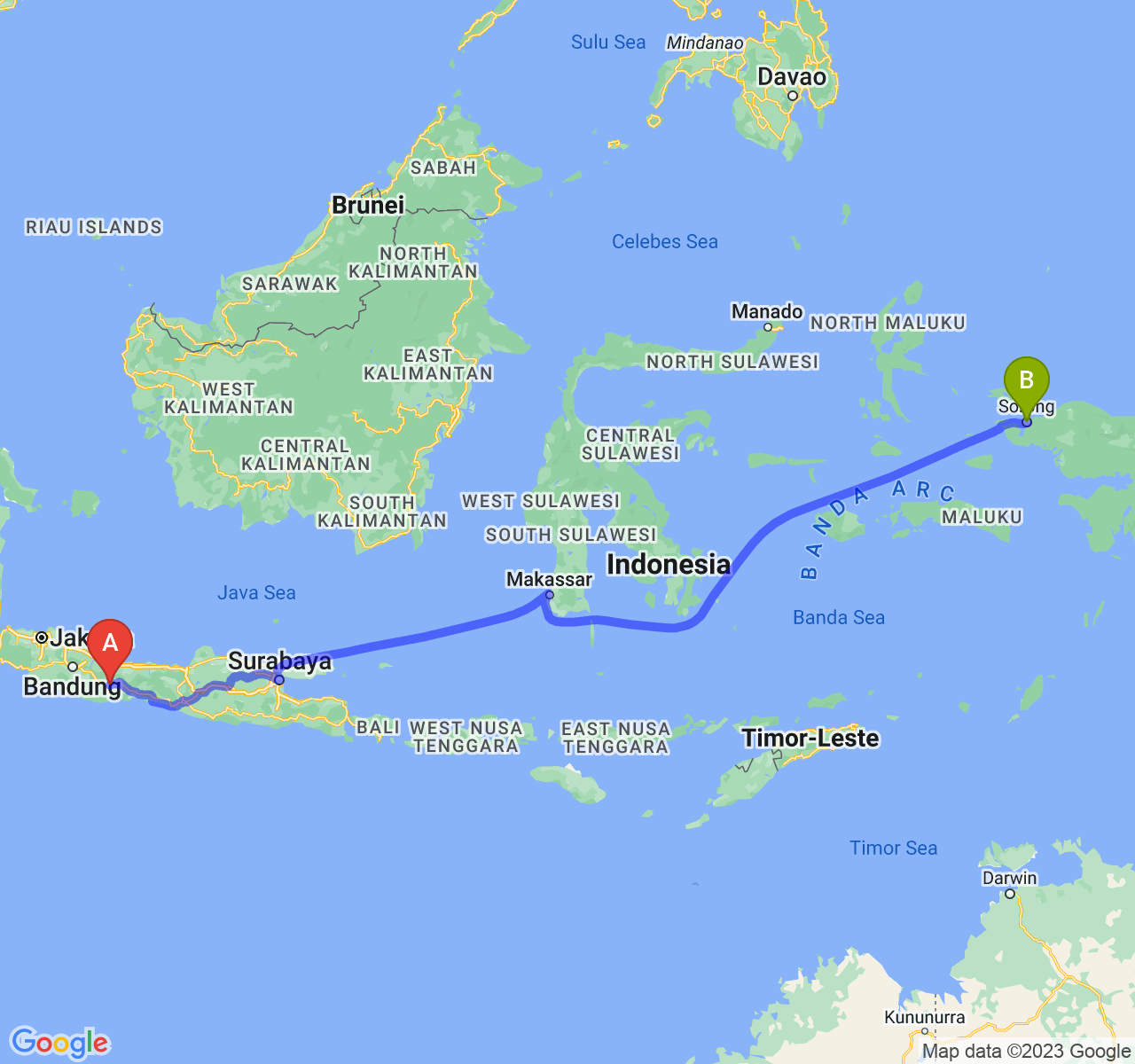 rute perjalanan Kota Banjar-Kota Sorong