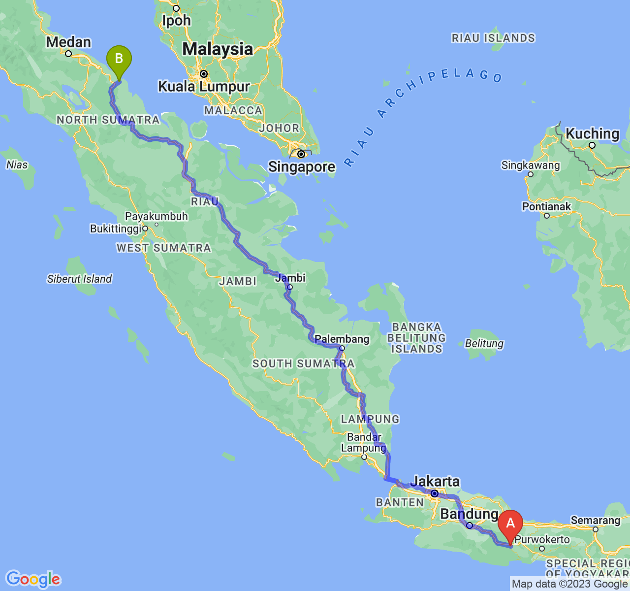 rute perjalanan Kota Banjar-Kota Tanjung Balai