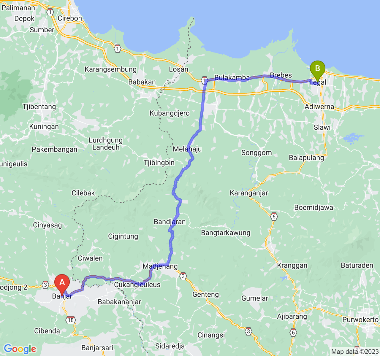 rute perjalanan Kota Banjar-Kota Tegal