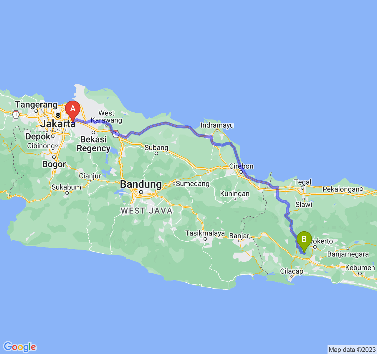 rute perjalanan Kota Bekasi-Kab. Banyumas