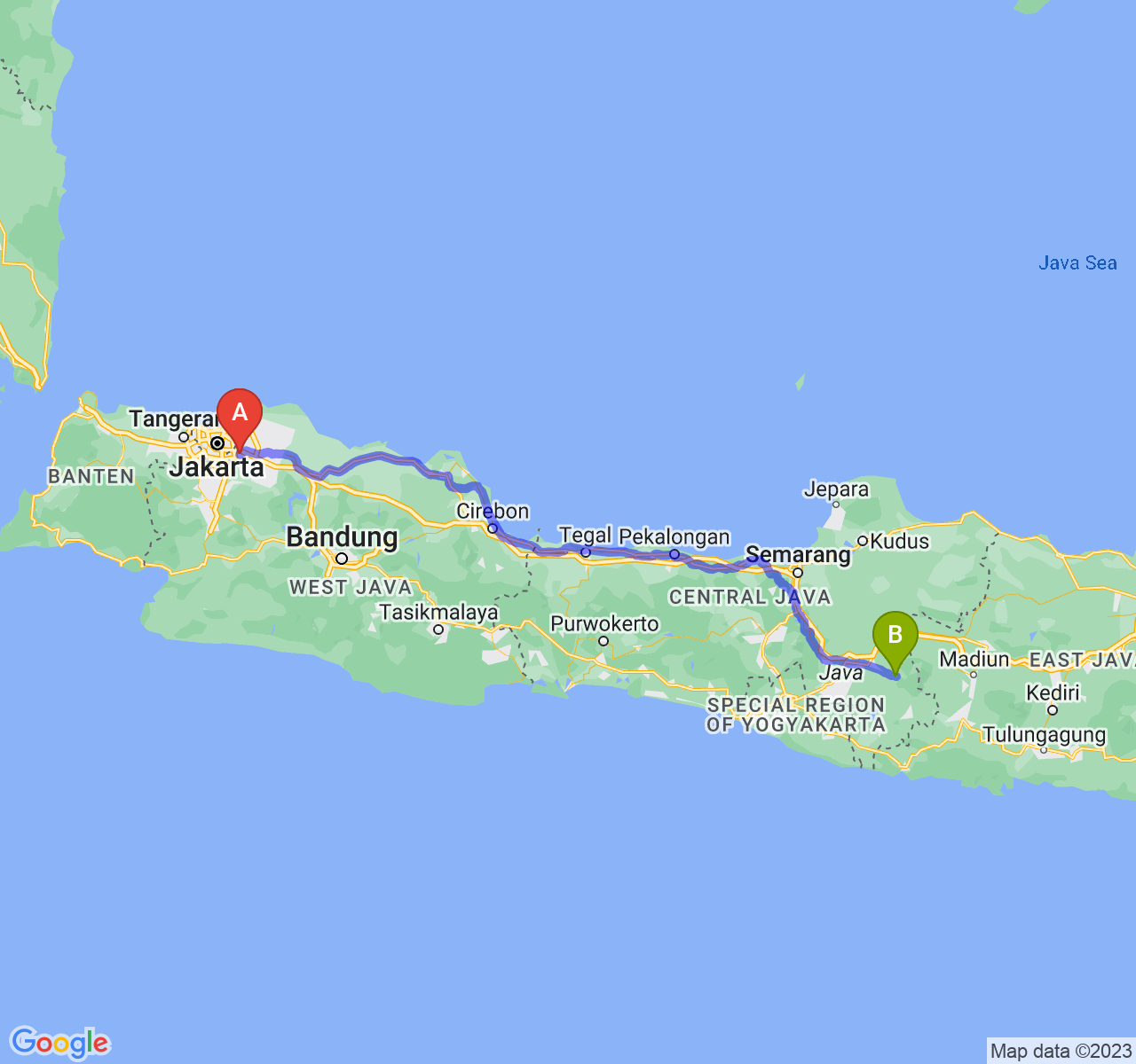 rute perjalanan Kota Bekasi-Kab. Karanganyar