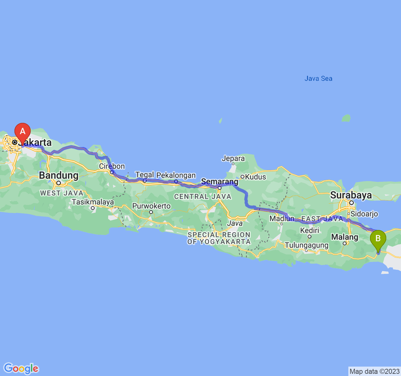 rute perjalanan Kota Bekasi-Kab. Lumajang