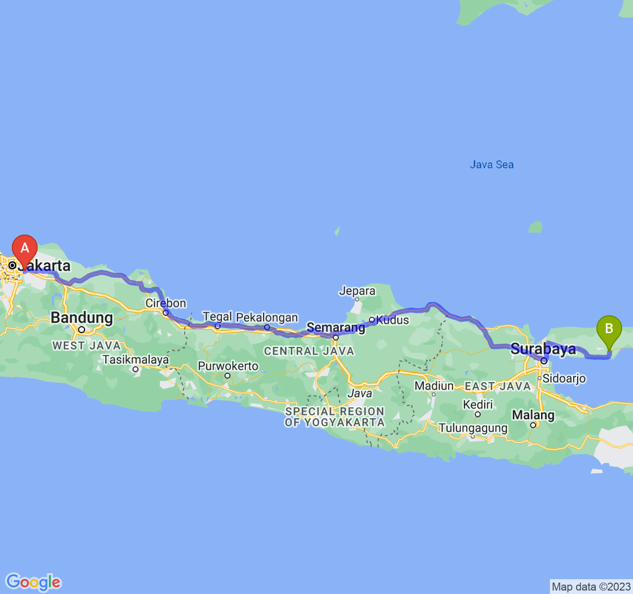 rute perjalanan Kota Bekasi-Kab. Pamekasan