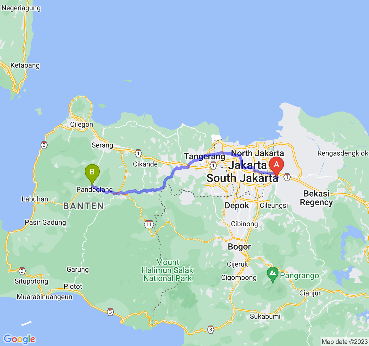 rute perjalanan Kota Bekasi-Kab. Pandeglang