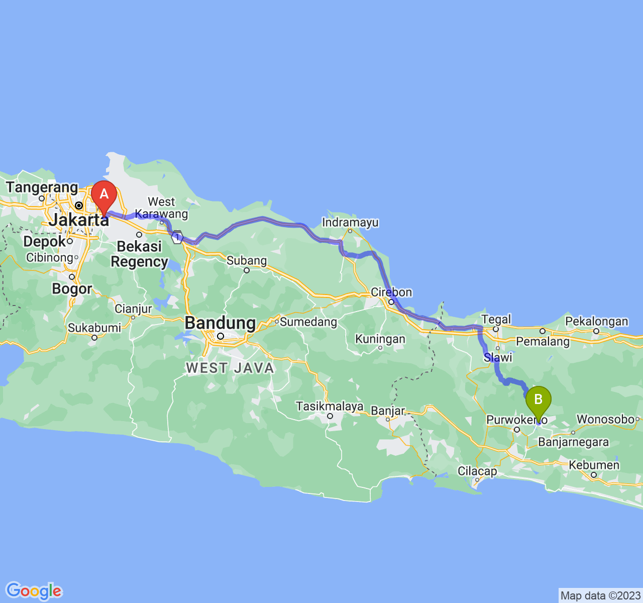 rute perjalanan Kota Bekasi-Kab. Purbalingga