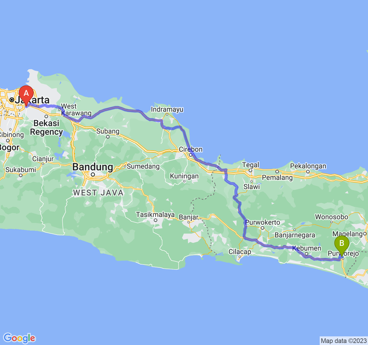 rute perjalanan Kota Bekasi-Kab. Purworejo