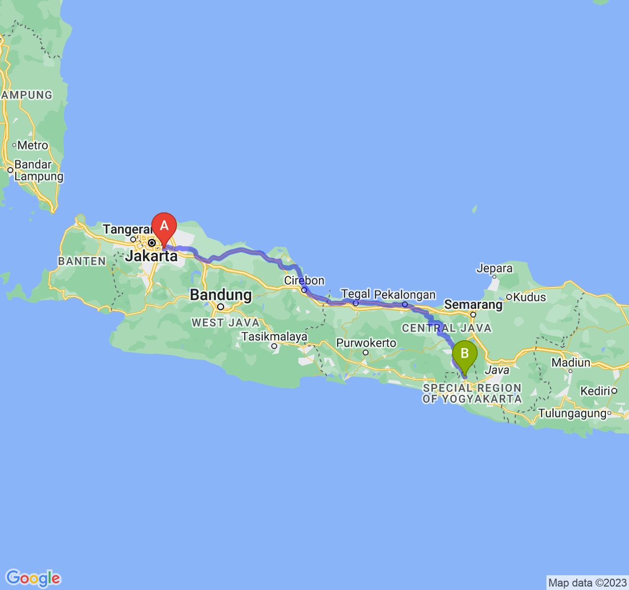 rute perjalanan Kota Bekasi-Kab. Sleman