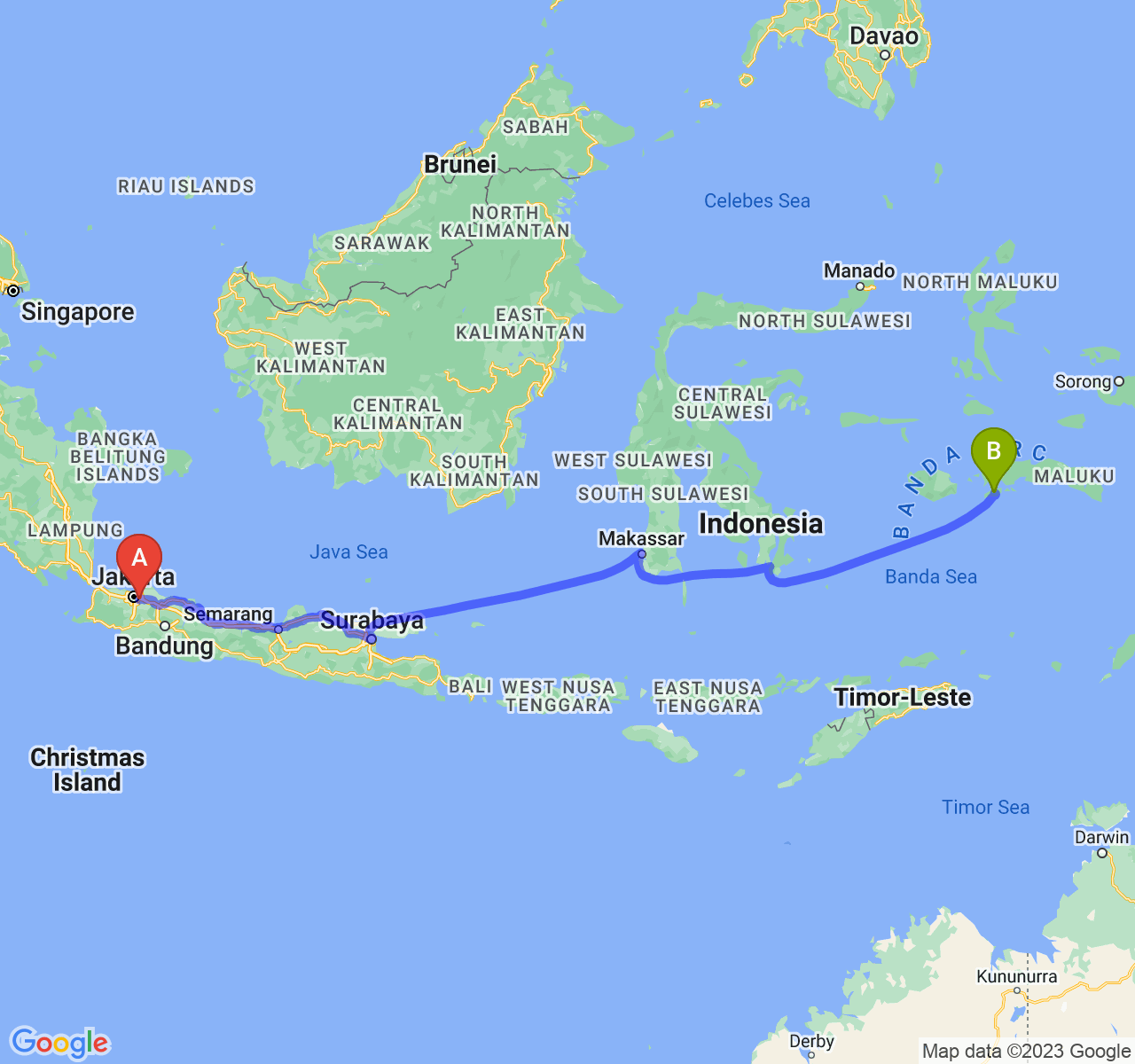 rute perjalanan Kota Bekasi-Kota Ambon