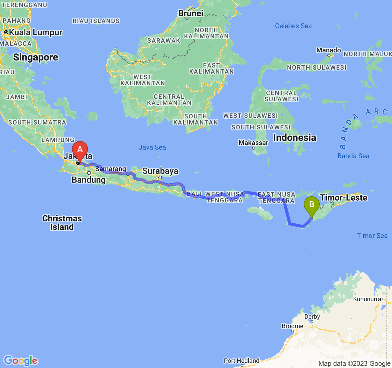 rute perjalanan Kota Bekasi-Kota Kupang