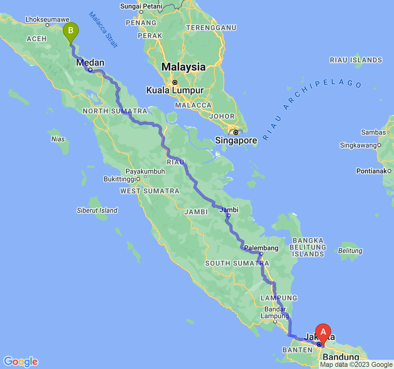 rute perjalanan Kota Bekasi-Kota Langsa