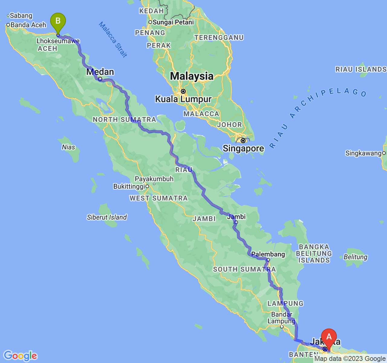 rute perjalanan Kota Bekasi-Kota Lhokseumawe