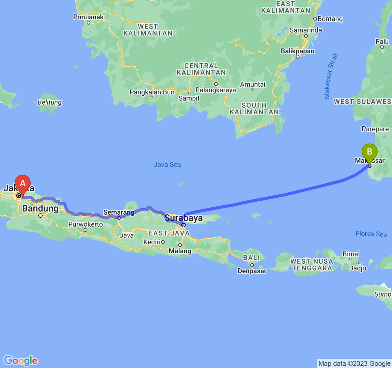 rute perjalanan Kota Bekasi-Kota Makassar