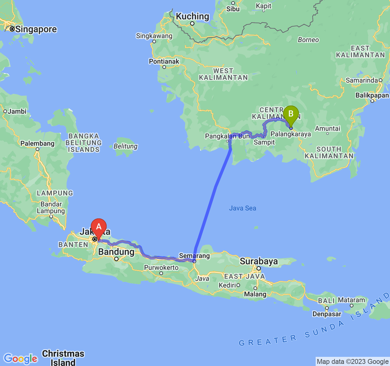 rute perjalanan Kota Bekasi-Kota Palangka Raya