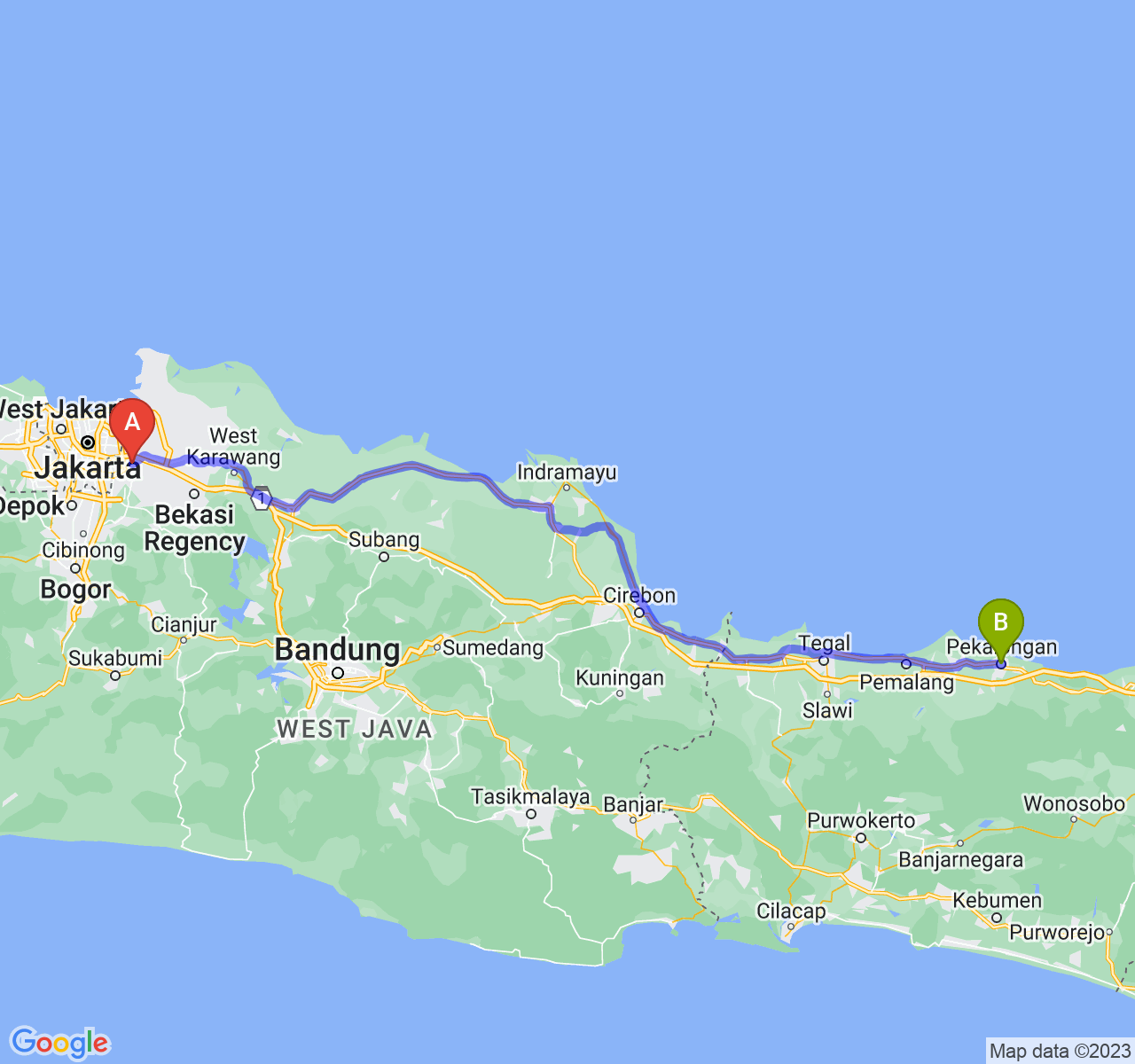 rute perjalanan Kota Bekasi-Kota Pekalongan