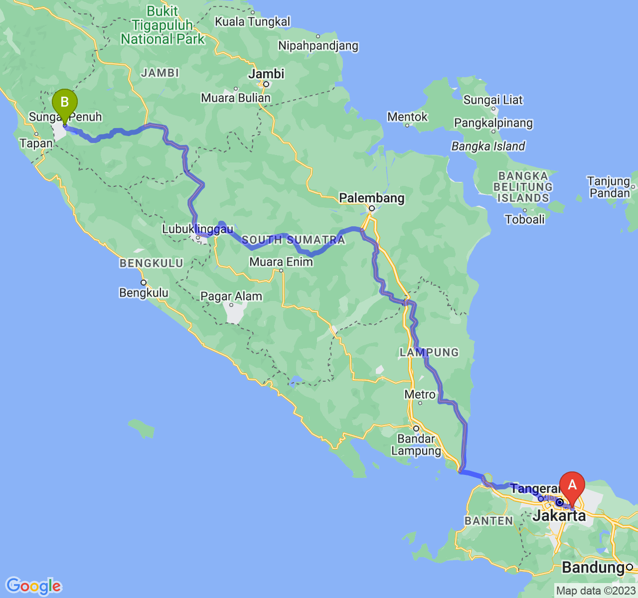 rute perjalanan Kota Bekasi-Kota Sungai Penuh