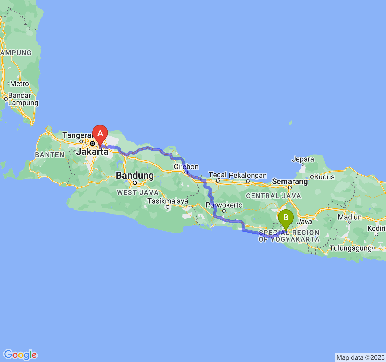 rute perjalanan Kota Bekasi-Kota Yogyakarta