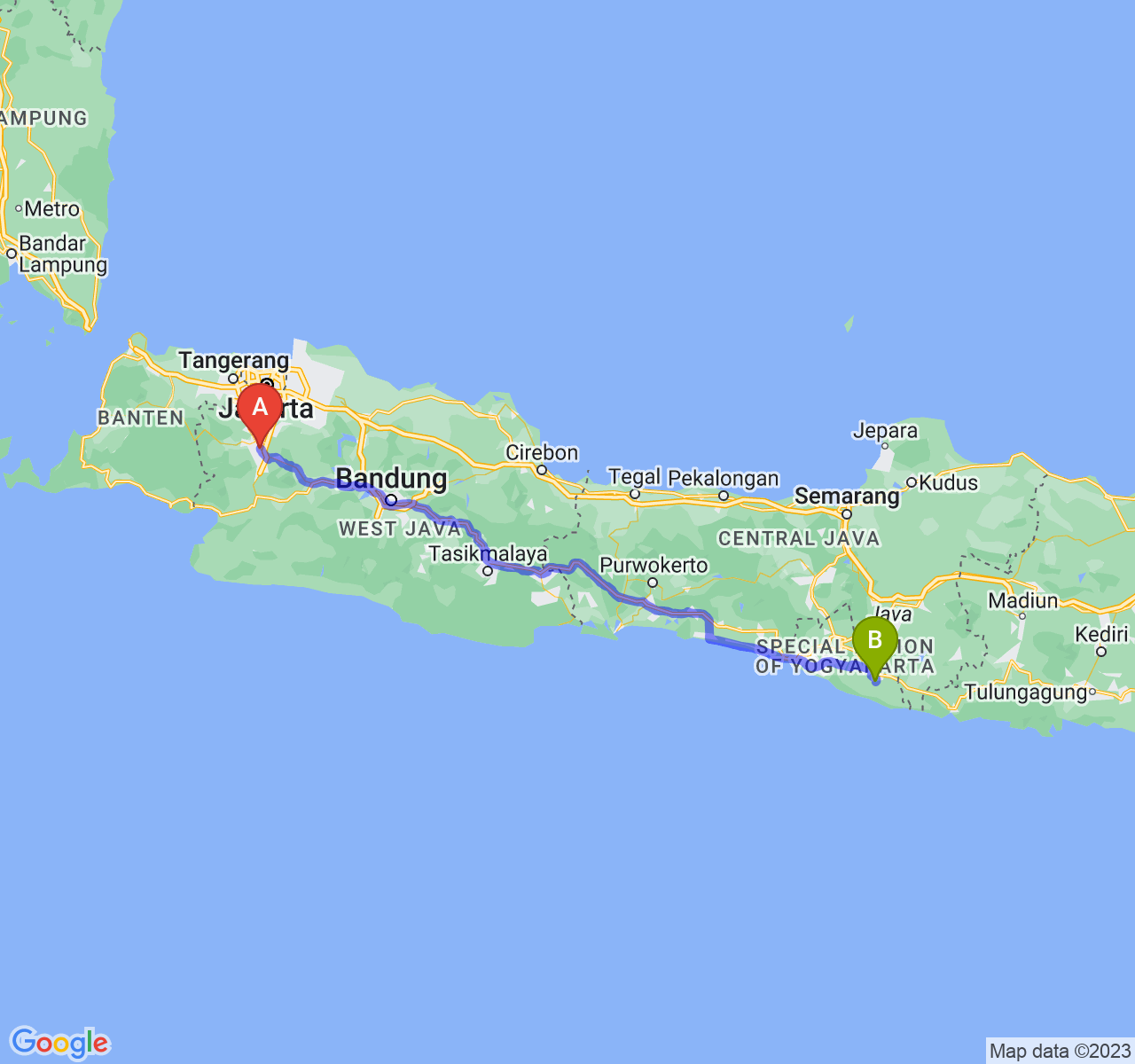 rute perjalanan Kota Bogor-Kab. Gunung Kidul