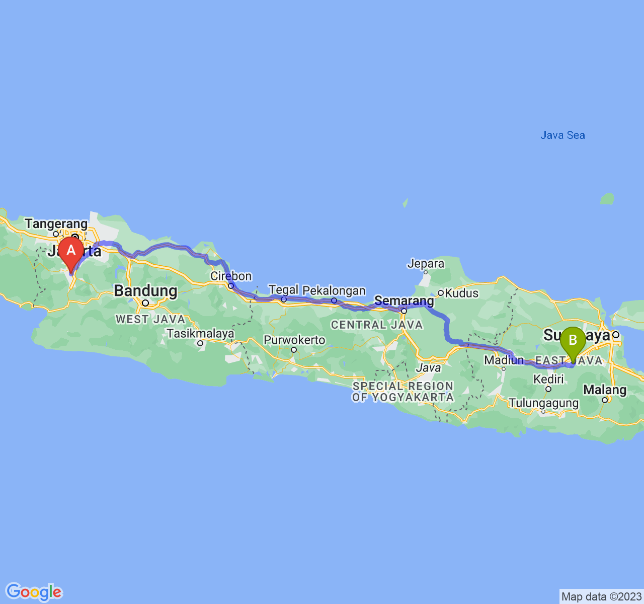 rute perjalanan Kota Bogor-Kab. Jombang