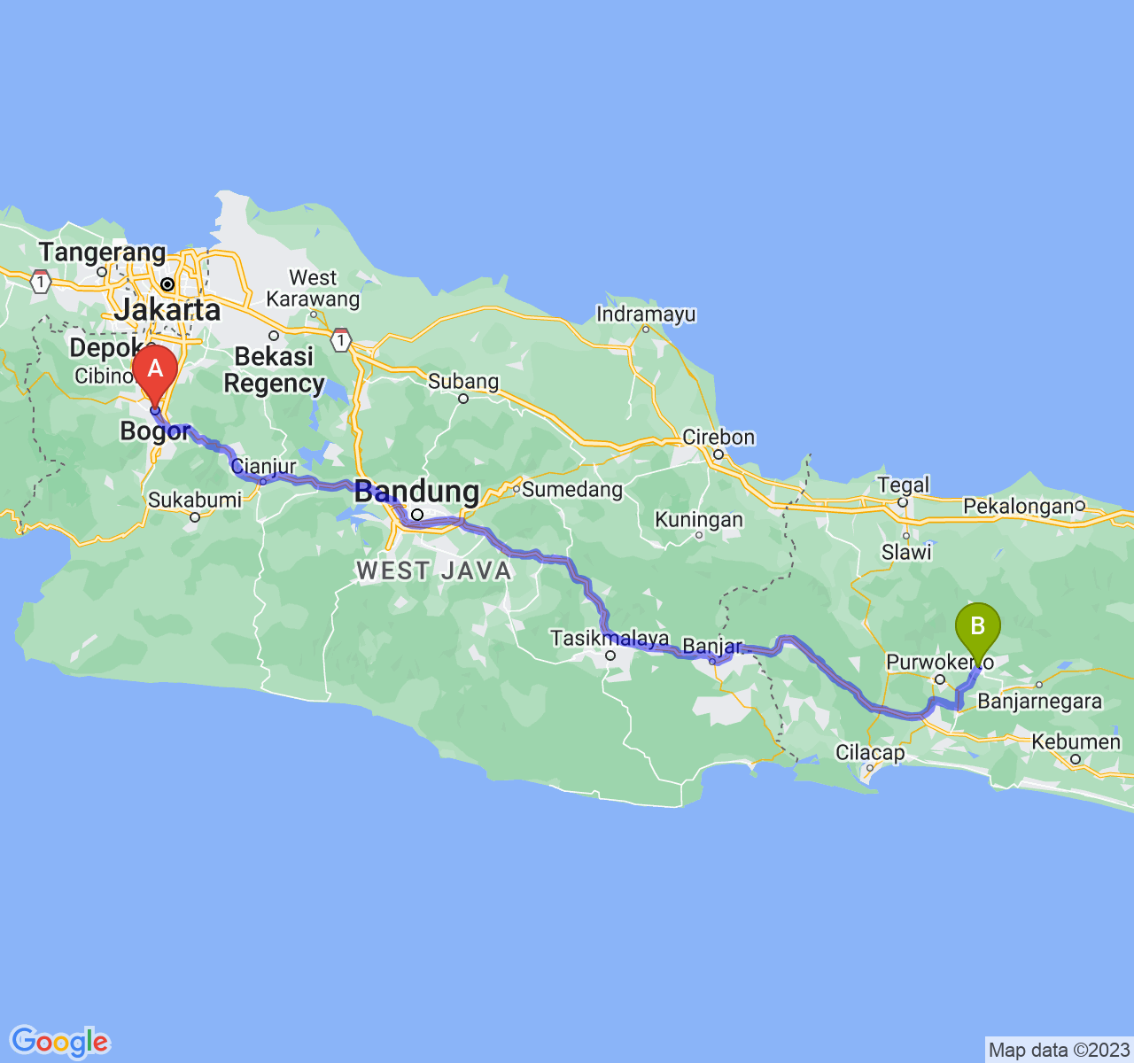 rute perjalanan Kota Bogor-Kab. Purbalingga