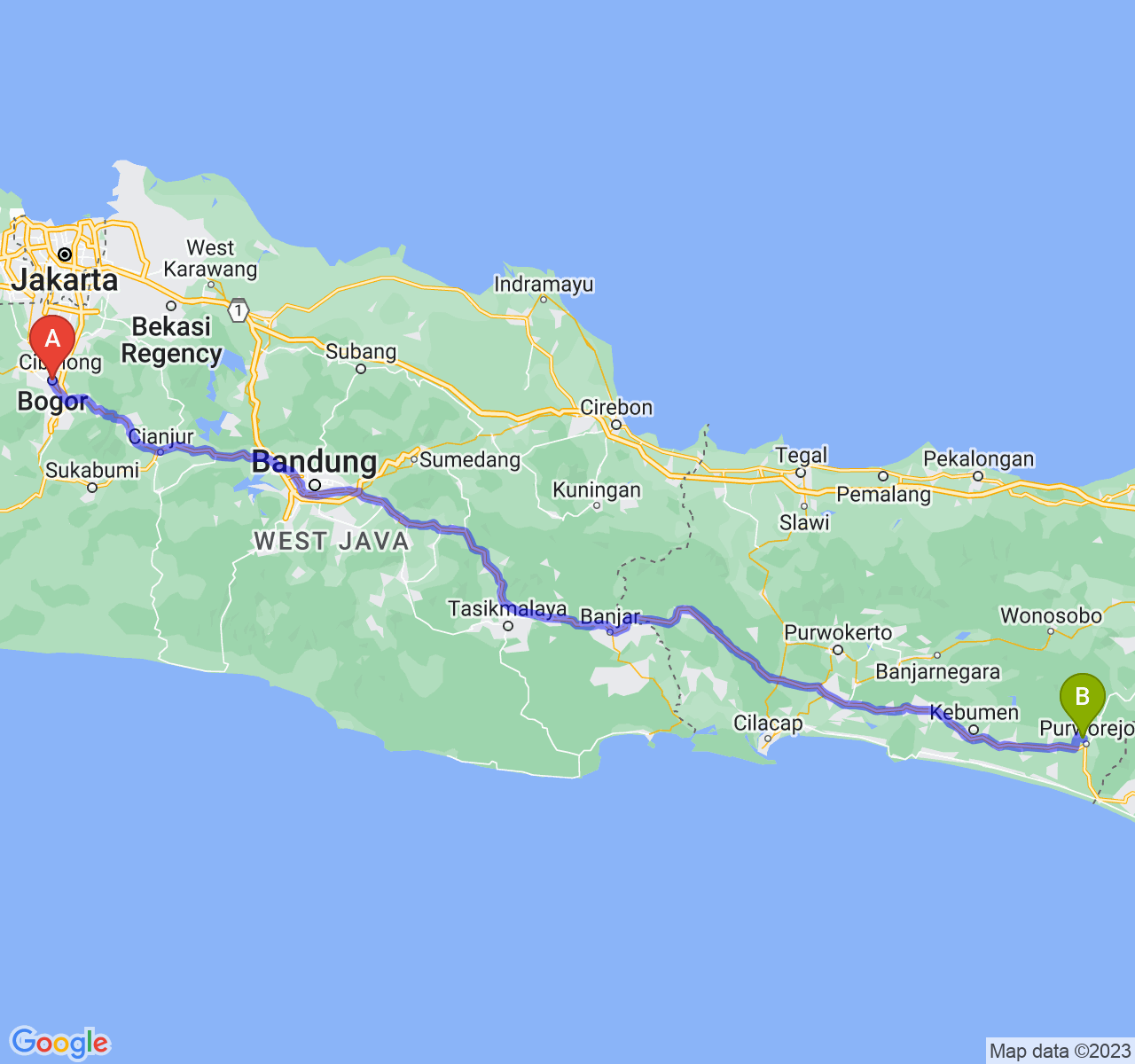 rute perjalanan Kota Bogor-Kab. Purworejo