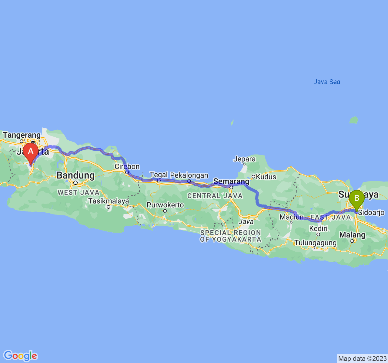 rute perjalanan Kota Bogor-Kab. Sidoarjo