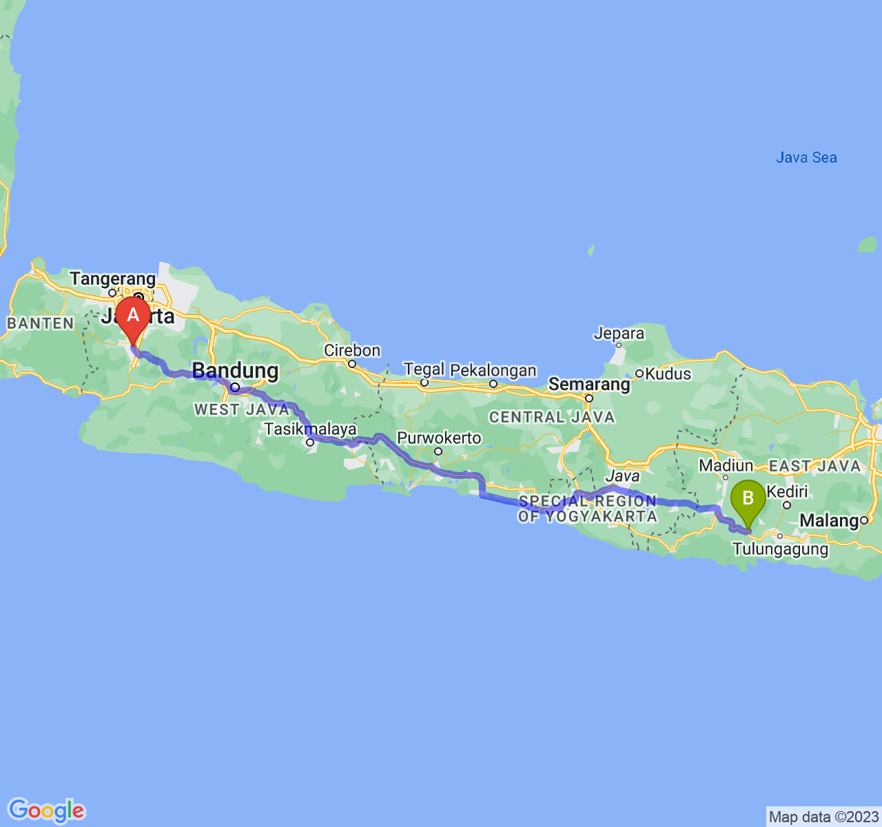 rute perjalanan Kota Bogor-Kab. Trenggalek