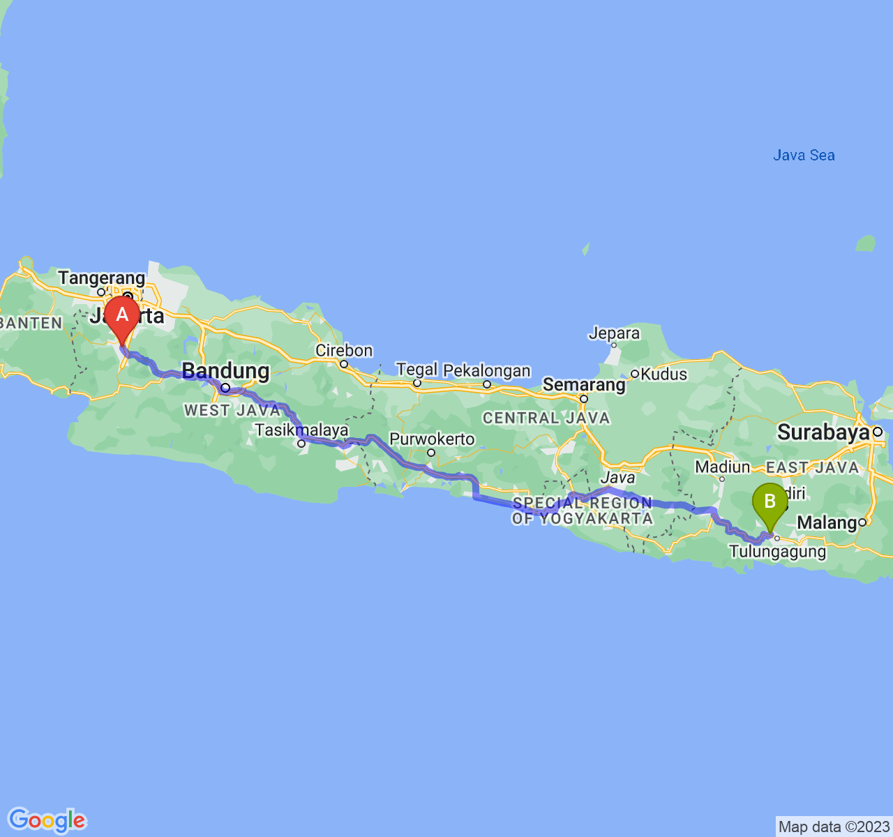 rute perjalanan Kota Bogor-Kab. Tulungagung