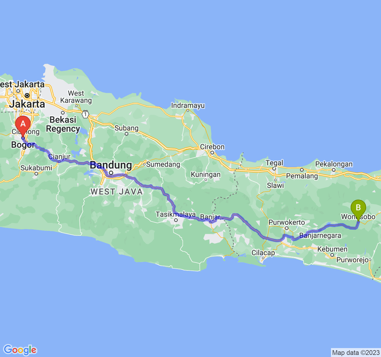 rute perjalanan Kota Bogor-Kab. Wonosobo