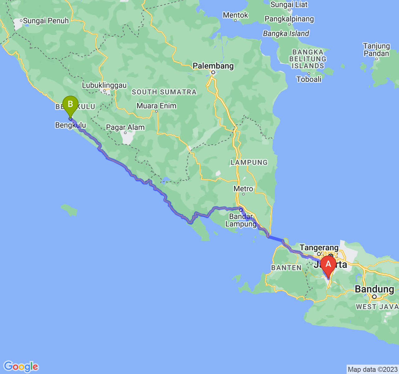 rute perjalanan Kota Bogor-Kota Bengkulu