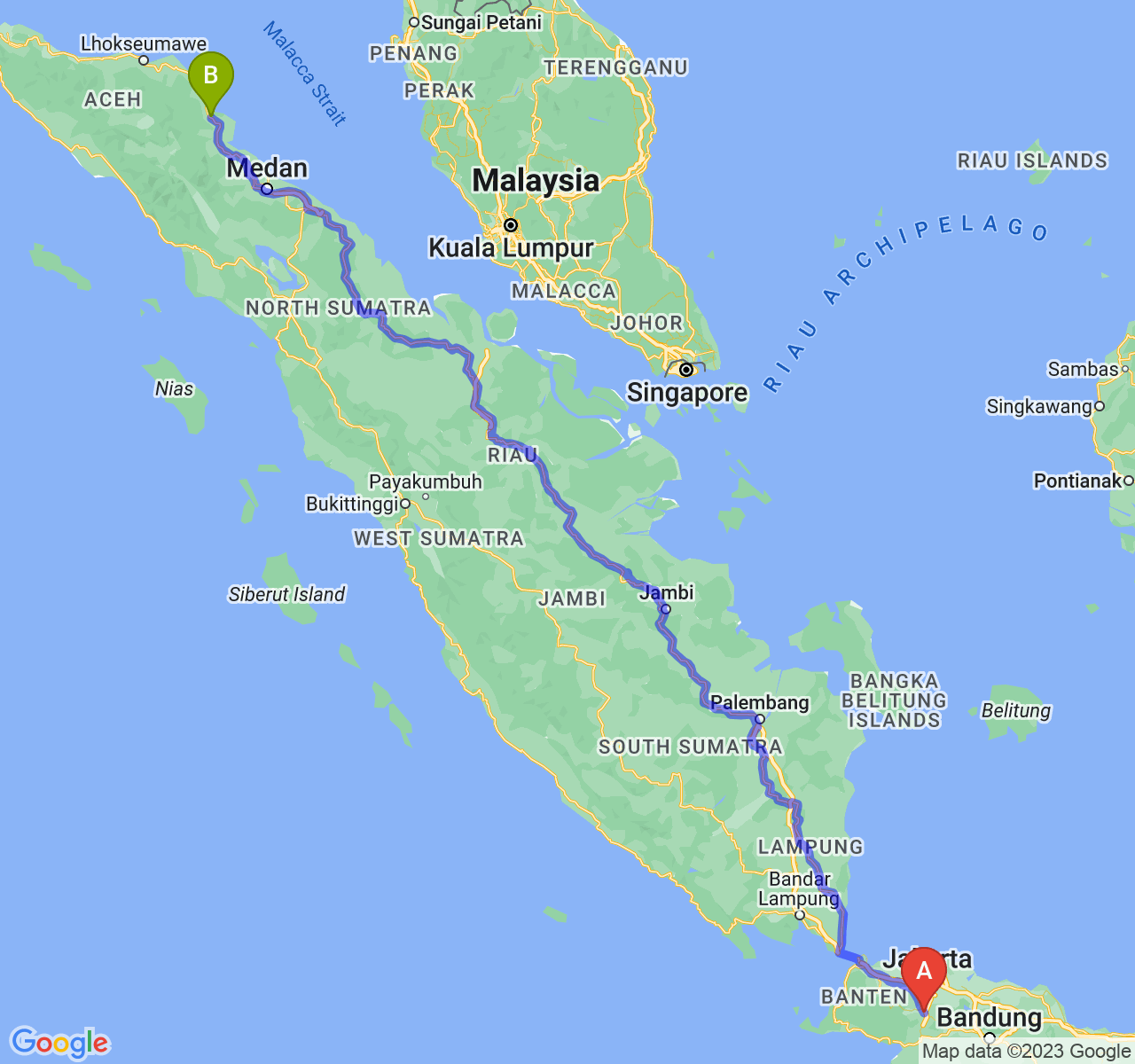 rute perjalanan Kota Bogor-Kota Langsa