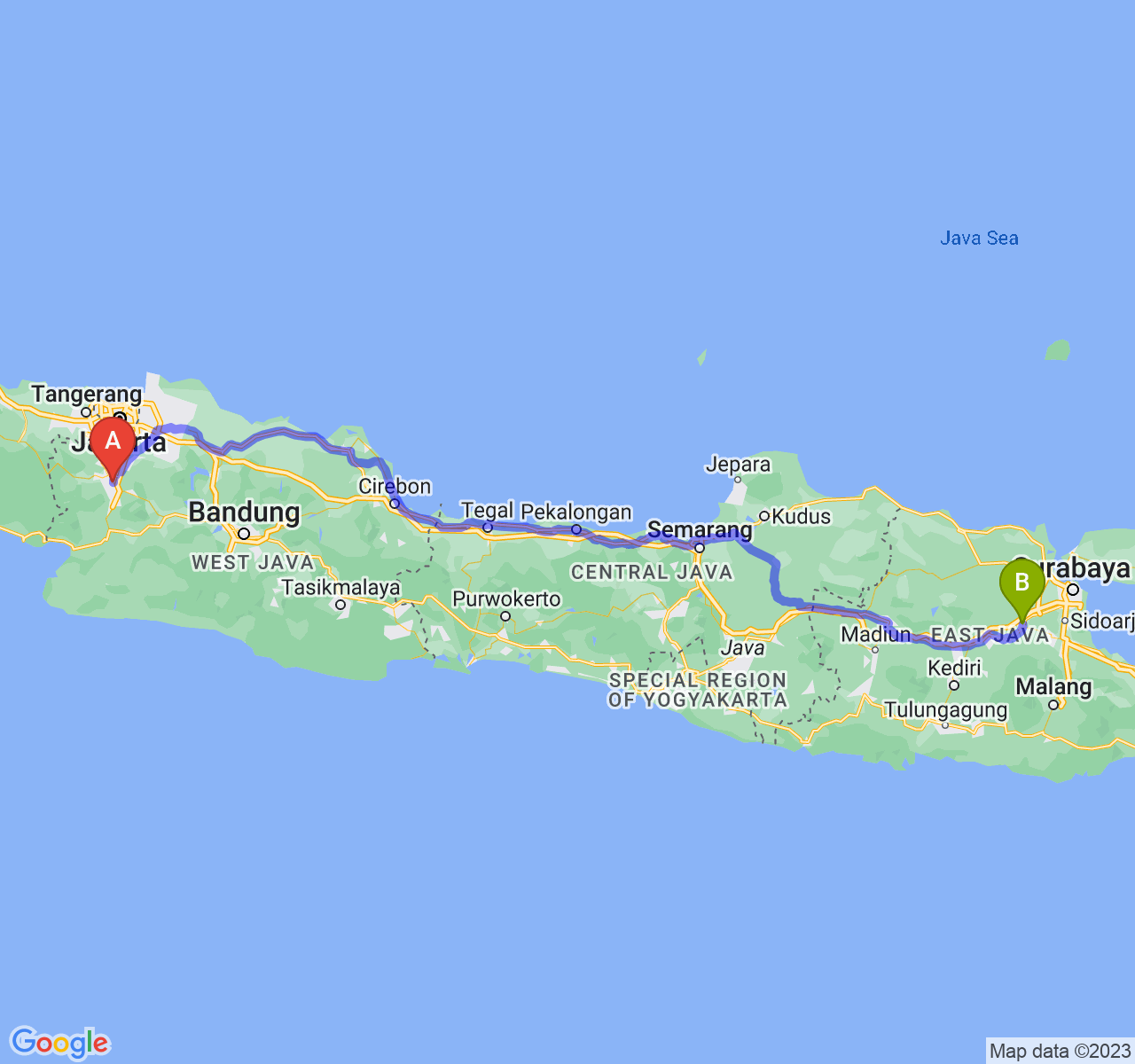 rute perjalanan Kota Bogor-Kota Mojokerto