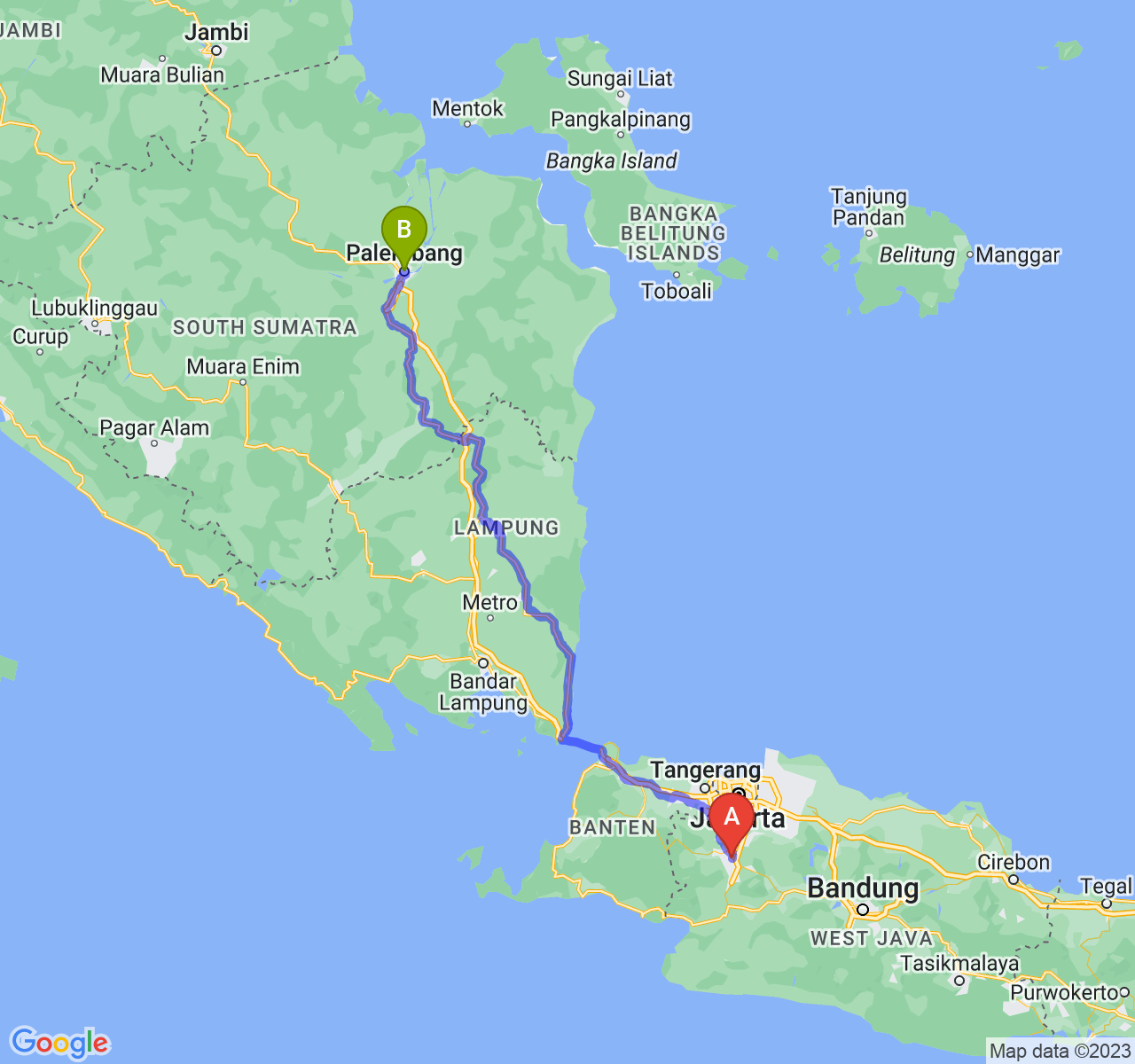 rute perjalanan Kota Bogor-Kota Palembang