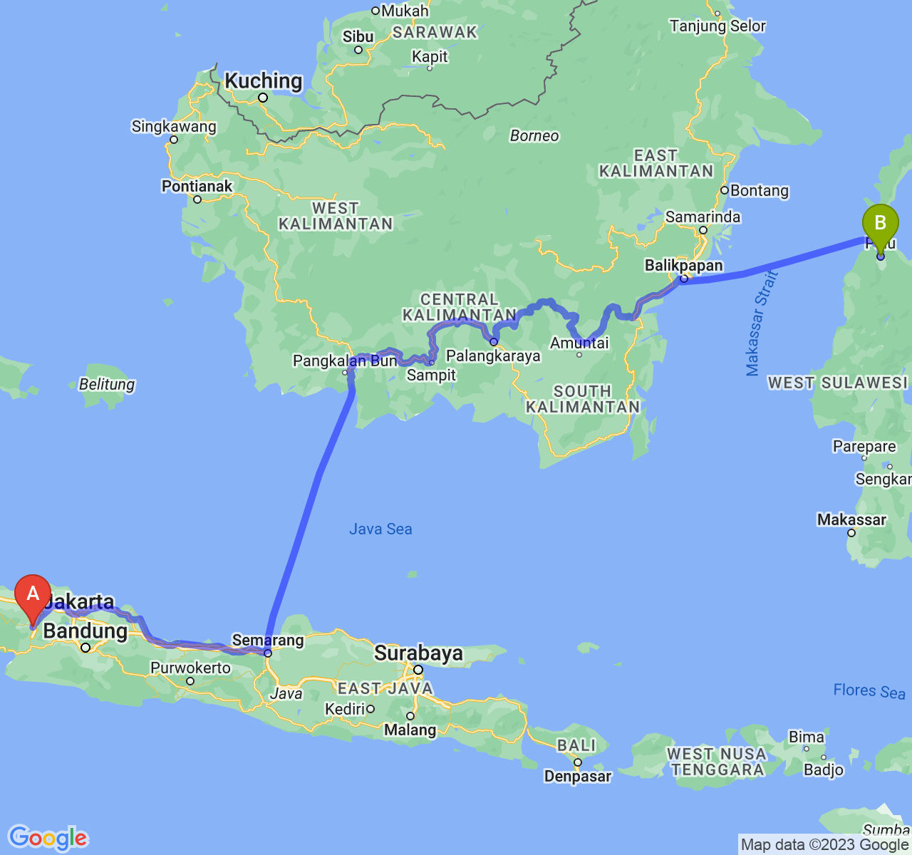 rute perjalanan Kota Bogor-Kota Palu