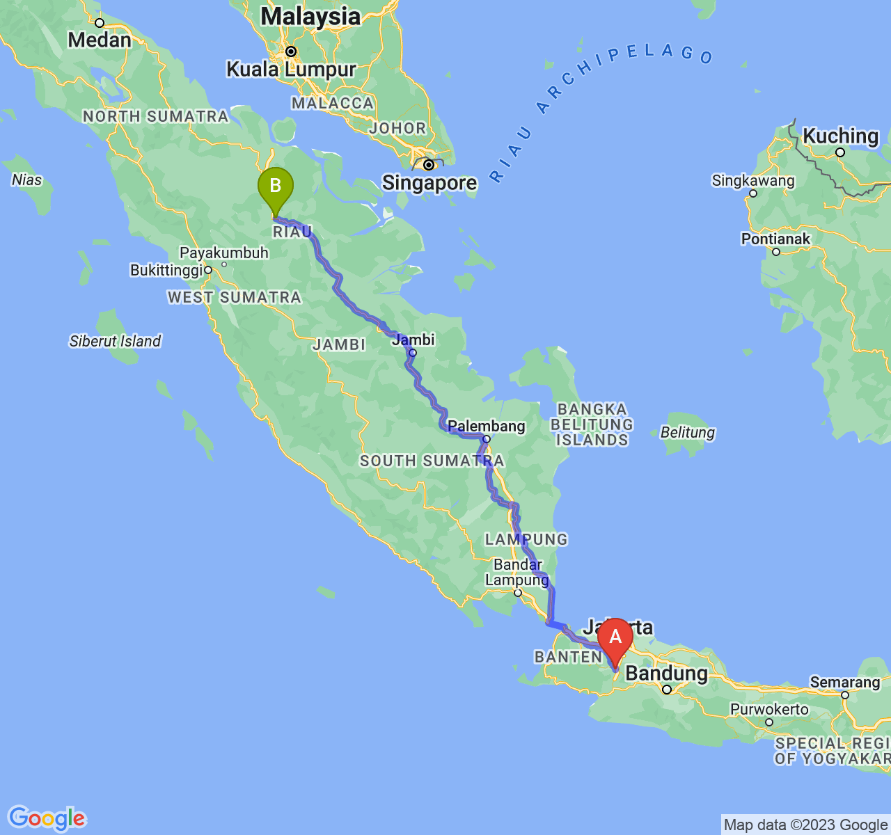 rute perjalanan Kota Bogor-Kota Pekanbaru