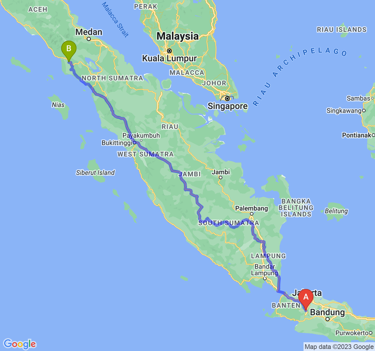 rute perjalanan Kota Bogor-Kota Subulussalam