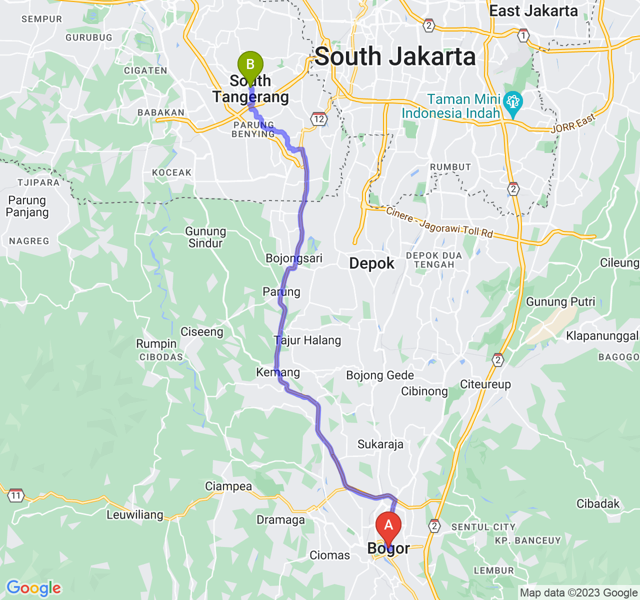 rute perjalanan Kota Bogor-Kota Tangerang Selatan