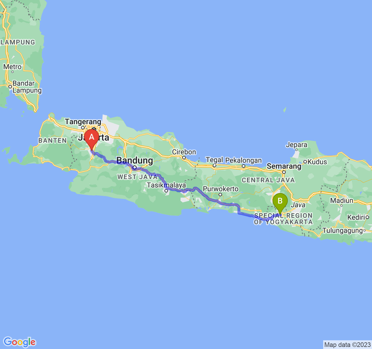 rute perjalanan Kota Bogor-Kota Yogyakarta